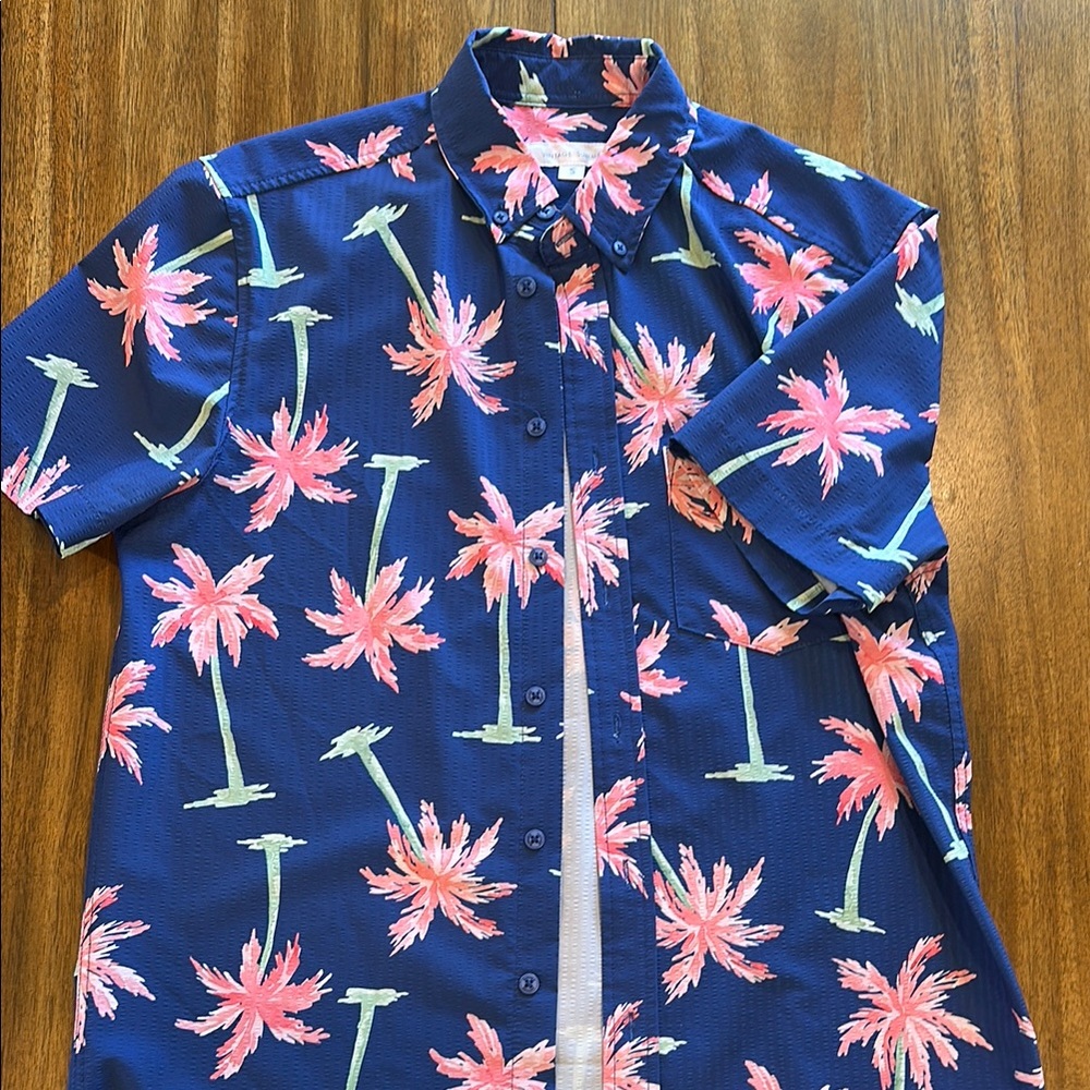 Blue and Pink Casual Button Down Shirt with Tropical Print